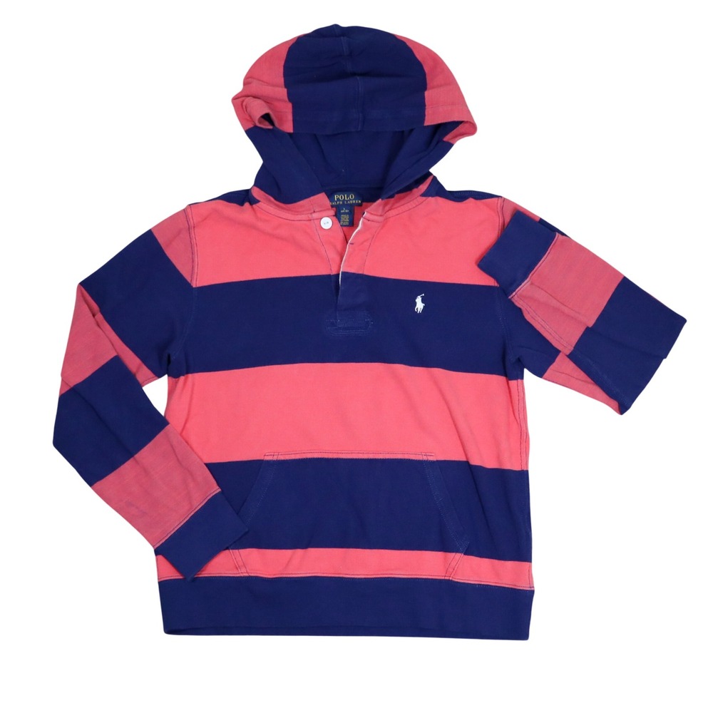 Polo Ralph Lauren Hoodie Kids Large 14-16 Pink Navy Blue Striped Rugby Pullover‎